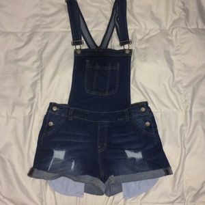 Dark blue short denim jean overalls